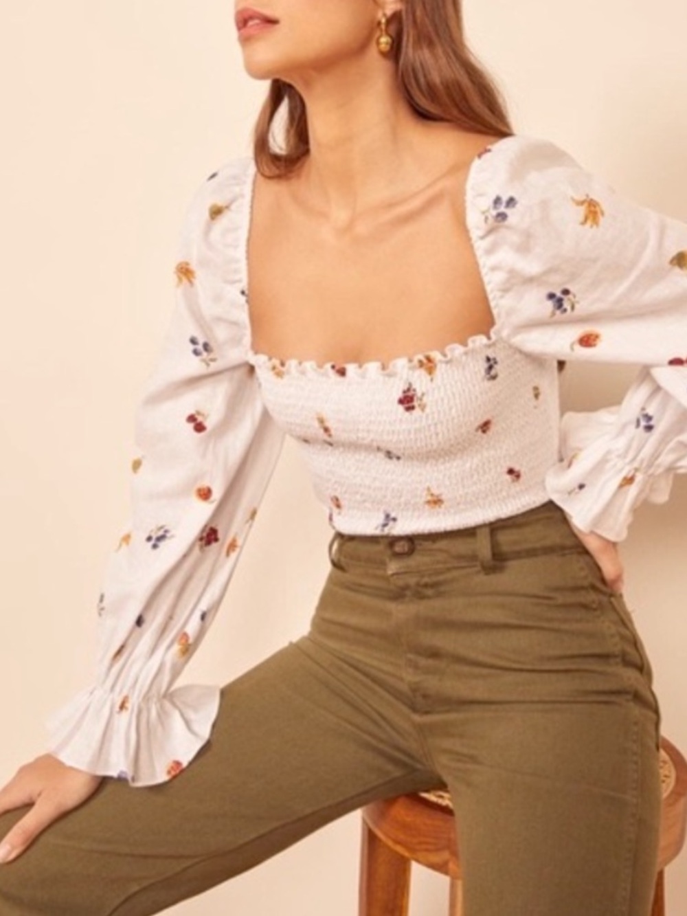 Reformation Tangerine Fruit Printed Smocked Square Neck Long Sleeve Top